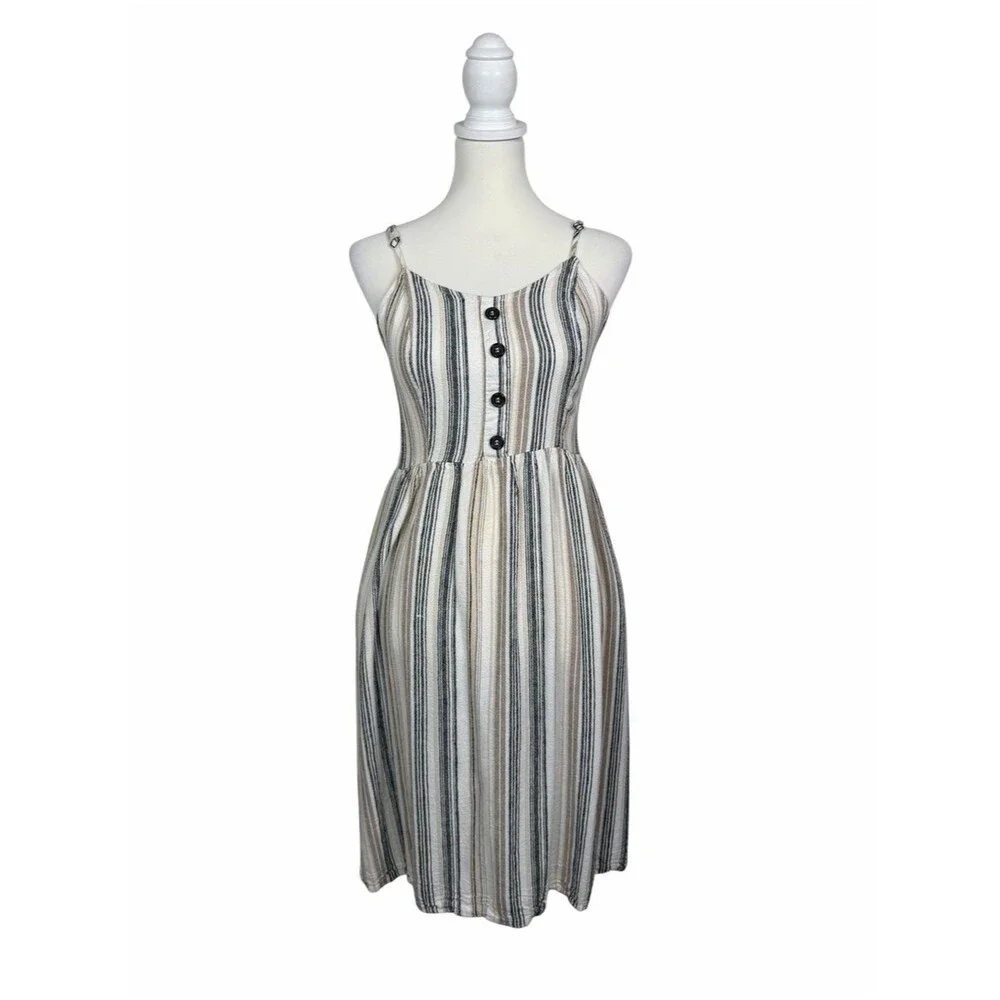 J for Justify Striped Sundress Coastal Beach Button Front Smocked Back Pockets